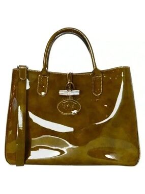 LONGCHAMP Brown Tortoise Patent Leather Large Roseau Toggle Tote
